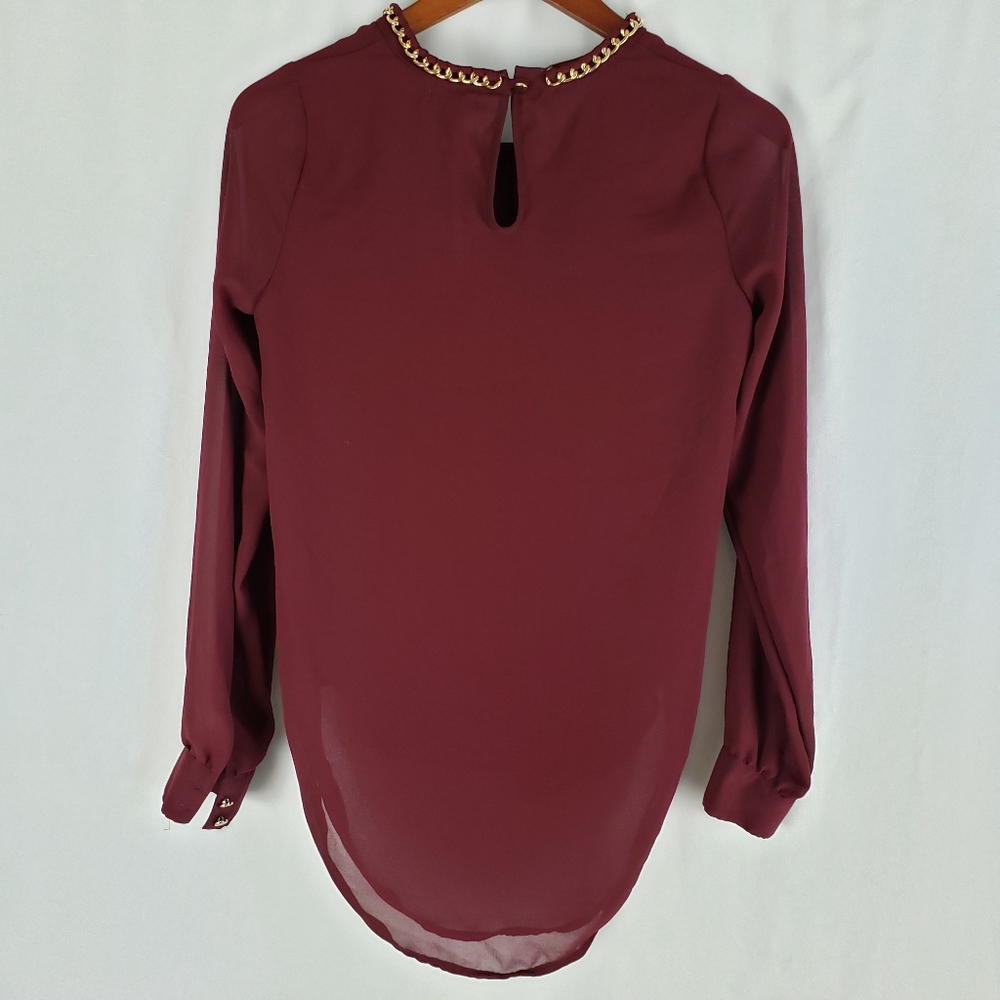 Rue21 Burgundy Gold Pleated Long Sleeve Blouse S - Picture 4 of 7